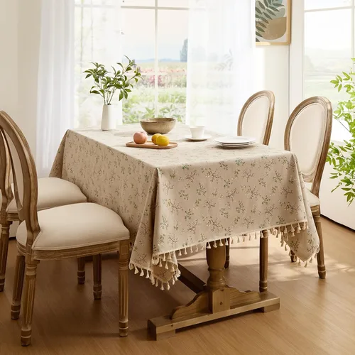 Vista 7 de Softalker Mantel rectangular bohemio de lino y algodón con borlas, mantel resistente con flores, mantel decorativo floral para cocina y comedor