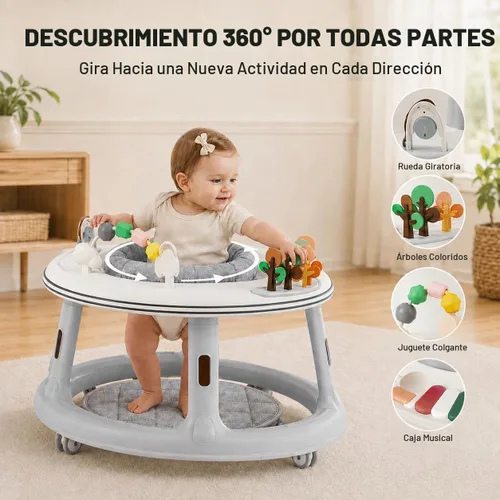 Vista 3 de Andador de bebé 5 en 1 con ruedas, gorila, andador de empuje y mesa de Gris