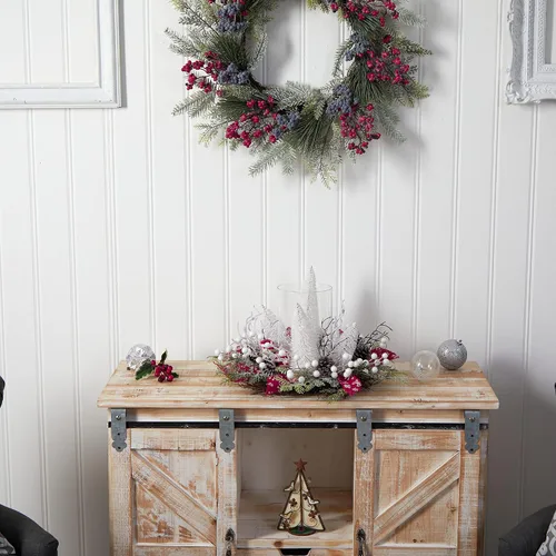 Vista 6 de Nearly Natural Arreglo artificial navideño iluminado de 15 pulgadas con vela de bosque
