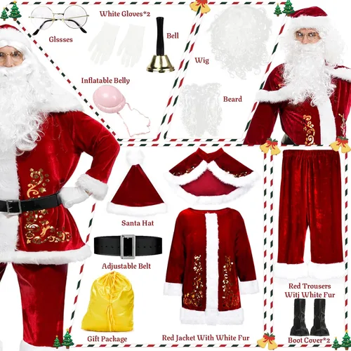Vista 5 de Neragron Santa Claus Costume for Men, 15pcs Deluxe Christmas Adult Santa Costume Set Santa Claus Suit Adult Men Santa Outfit