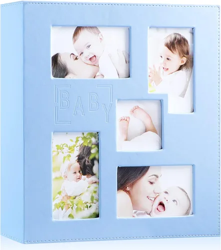 Vista 7 de Ywlake Álbum de fotos para bebé niño 4x6 300 bolsillos, álbum de cuero para baby shower niño bebé, contiene 300 imágenes horizontales, color azul