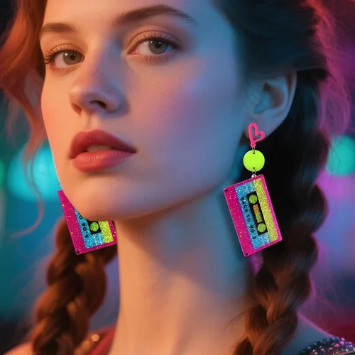 Vista 2 de RechicGu Aretes de aro de corazón de neón de los años 80 y 90 para fiesta brillante, atuendo retro de los años 70, accesorios de joyería, regalo