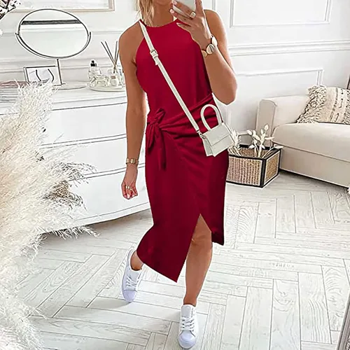 Vista 2 de Vestido de verano sin mangas para mujer vestido casual con cuello halter y abertura frontal vestido midi con cinturón Negro vino verde militar