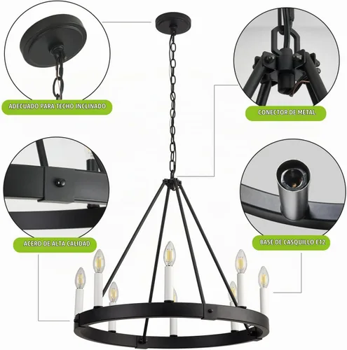 Vista 6 de Lámpara de araña de 8 luces con ruedas estilo casa de campo