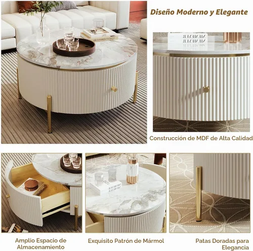 Vista 4 de Mesa de café redonda, mesa de café moderna de 31.5" con 2 cajones grandes de almacenamiento, tapa de mesa con patrón de mármol, mesa central