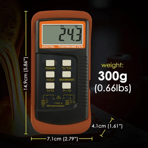 Vista 7 de Termómetro de termopar tipo K (-50 ~ 2,372.0 °F), termómetro digital de canales dobles con 2 abrazaderas de temperatura, 2 sondas de termopar