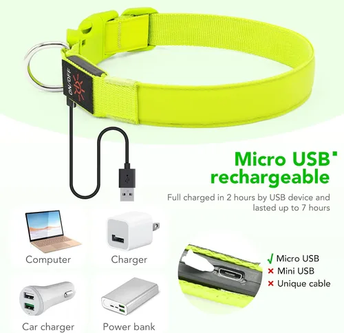 Vista 4 de Collar de perro con luz LED, recargable por USB, tamaño ajustable, correas de nailon TPU resistentes, collares básicos de seguridad para perros