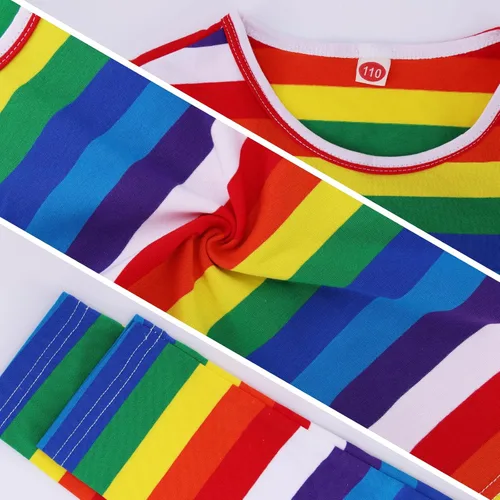 Vista 2 de Disfraz de Chucky de Halloween para niños, camisa de rayas de arco iris, calcomanías de cuchillo falso, calcomanía de buenos chicos para camiseta