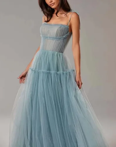 Vista 4 de Vestido de graduación de tul para mujer, vestido de fiesta de noche acampanado 2024 sin espalda, vestidos de dama de honor, tirantes delgados