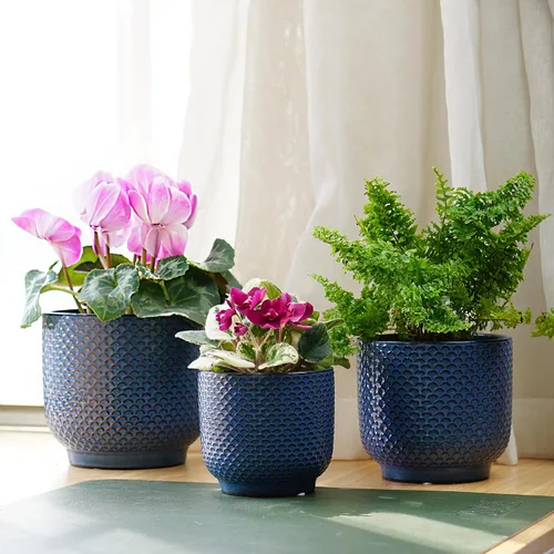 Vista 4 de Macetas de cerámica de 4 + 5 + 6 pulgadas para plantas de interior, macetas para plantas suculentas, maceta de orquídea con orificio de drenaje Azul