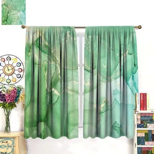 Vista 2 de Cortina de mármol verde – Decoración abstracta de dormitorio verde esmeralda, moderno panel de cortina de lujo para sala de estar, 2 paneles, 21