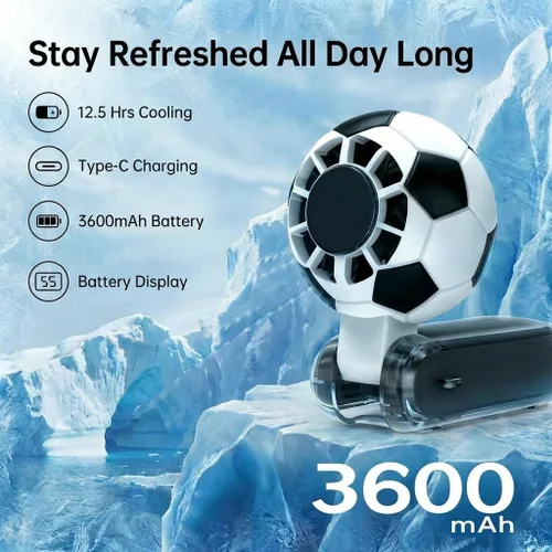 Vista 2 de QQT Ventilador turbo portátil de mano con refrigeración por hielo, batería de 5 velocidades recargable plegable, luces LED de 4 modos, hasta 12 Negro