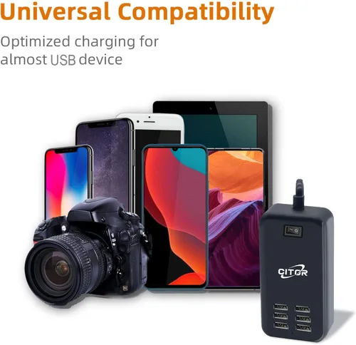 Vista 5 de Cargador USB multipuerto, estación de carga USB de 6 puertos para múltiples dispositivos, teléfono, tableta, regleta de alimentación con interruptor