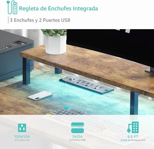 Vista 5 de Lufeiya Escritorios para juegos con luces LED y tomas de corriente, escritorio para computadora de estudio y escritura de 55 pulgadas con cajones
