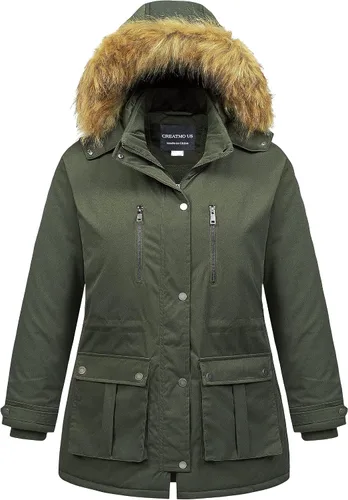 Vista 16 de CREATMO US Abrigo de invierno para mujer, talla grande, impermeable, chaqueta puffer larga, cálida, militar, gruesa, parka con capucha de piel Gris