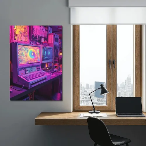 Vista 4 de Cyber Odyssey: Light Dance of Retro Technologies - Wall Art Print, Painting for Home Decor [Canvas 40x30]