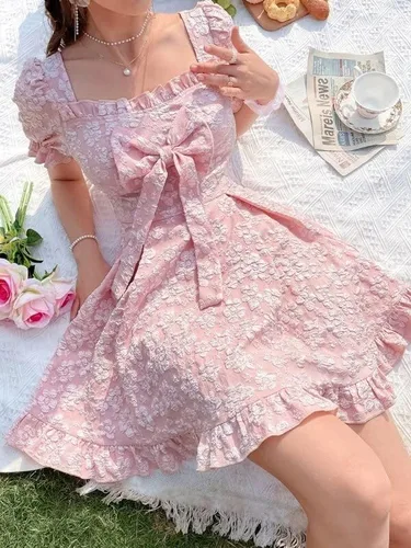 Vista 4 de Vestido hinchado rosa dulce para mujer, estampado floral, lazo frontal, vestido de hadas jacquard