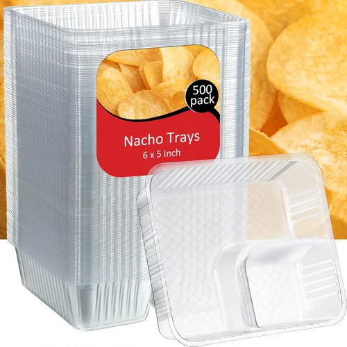 Vista 7 de Vesici 100 Piezas Bandejas de Nachos Desechables de 12oz de 2 Compartimentos Bandeja de Comida y Aperitivos Suministros para Puesto de Concesión