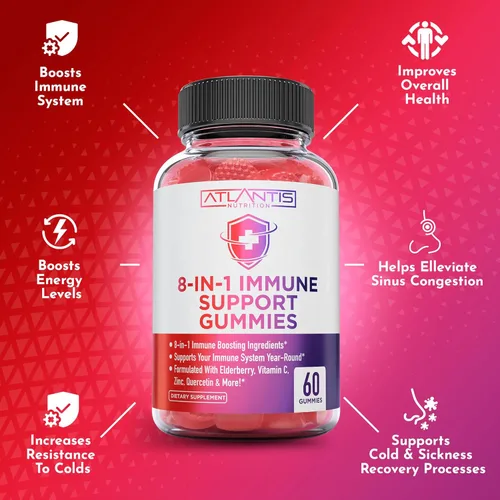 Vista 4 de Atlantis Nutrition Gomitas de apoyo inmunológico 8 en 1 con saúco Suplemento inmunológico con saúco, quercetina, zinc, vitamina C - Potenciadores