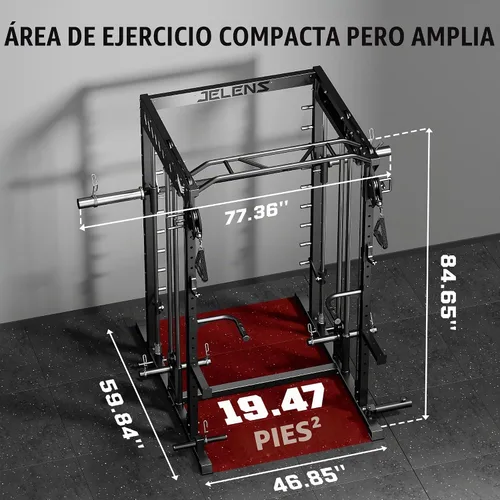 Vista 9 de JELENS M21 - Máquina Smith, jaula de potencia multifunción con sistema de cruce de cable de polea doble, banco de sentadillas todo en uno de 907 kg