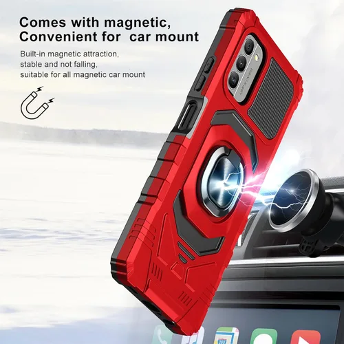 Vista 6 de Funda protectora para Nokia G310 5G con protector de pantalla de vidrio templado, grado militar, resistente a prueba de golpes, con soporte de Rojo