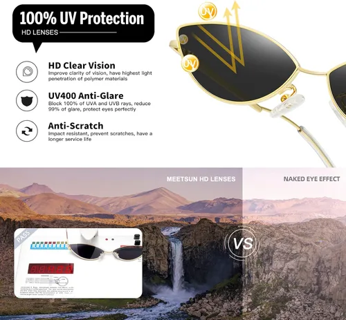 Vista 6 de MEETSUN Gafas de sol retro vintage ojo de gato para mujeres hombres estrechos pequeños anteojos ovalados forma pétalos diseño de templo curvado