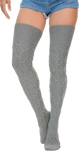 Vista 2 de YELAIVP Calcetines altos de punto trenzado para mujer, calcetines por encima de la rodilla, calentadores de piernas extra largos