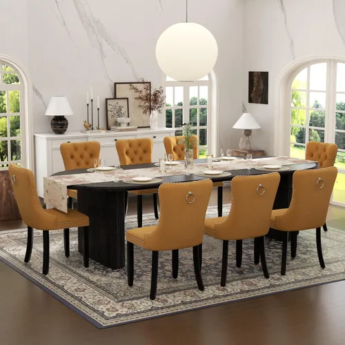Vista 42 de Juego de mesa de comedor ovalada extensible con 4 sillas tapizadas de terciopelo de alta gama, mesa de cocina de 59 a 91 pulgadas y sillas