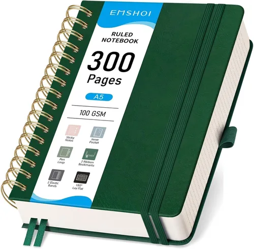 Vista 20 de EMSHOI Cuaderno con espiral de la universidad rayado, 300 páginas numeradas, A4 tapa dura grande de cuero, cuaderno rayado grueso de 100 g/m²