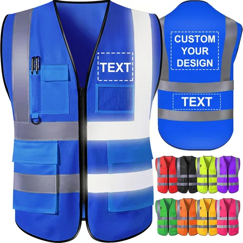 Vista 13 de Chaleco de seguridad personalizado para hombre con bolsillos con logo, chalecos reflectantes de alta visibilidad para construcción, ropa