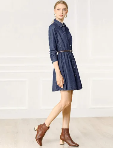 Vista 4 de Allegra K Vestido de mezclilla para mujer, con botones, plisado, acampanado, acampanado