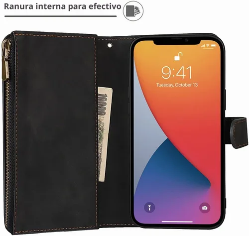 Vista 5 de iCoverCase Compatible con iPhone 13 - Funda tipo cartera para teléfono con tarjetero, piel sintética, bolsillo con cremallera, magnética Desmontable