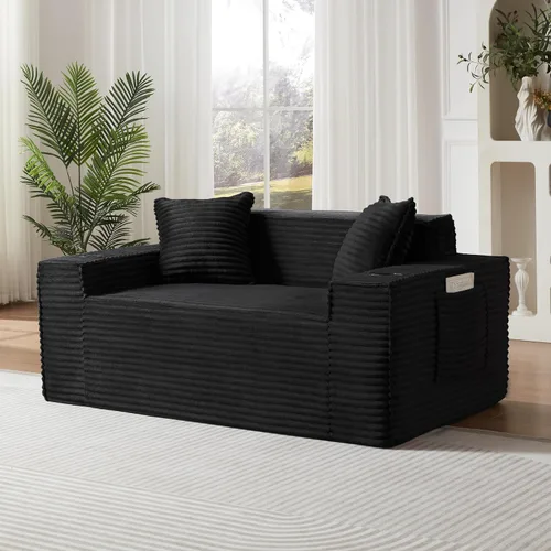 Vista 16 de Sofá sin hueso de 66.5 pulgadas con portavasos y bolsillos laterales, sofá biplaza tapizado de tela de pana moderna con 2 almohadas para sala