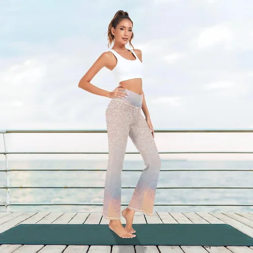 Vista 7 de Pantalones de trabajo de yoga con purpurina dorada rosa para mujer, pantalones elásticos para mujer, leggings acampanados