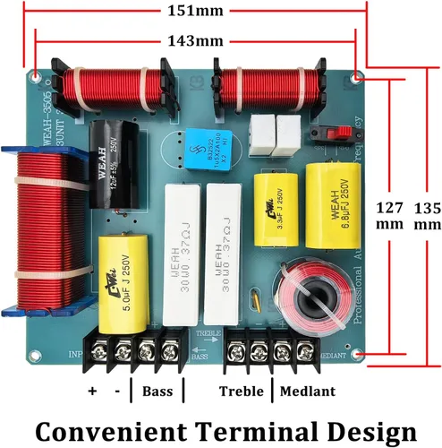 Vista 2 de HiQltyla Altavoz cruzado de 3 vías, WEAH-3505A 300W Crossover pasivo ajustable para audio doméstico de automóvil 4 a 8 ohmios Bass Mediant Tweeter