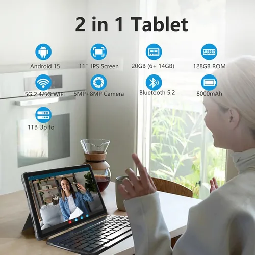 Vista 2 de Tablet Android 15 de 11 pulgadas con ranura para tarjeta SIM, tableta celular 4G, almacenamiento de 128 GB, 6 GB de RAM, Octa-Core, navegación