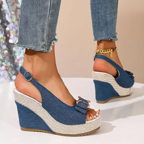 Vista 6 de Sandalias de cuña de mezclilla para mujer 2026 con puntera abierta, alpargatas con lazo, zapatos casuales de playa de verano para viajes, fiestas