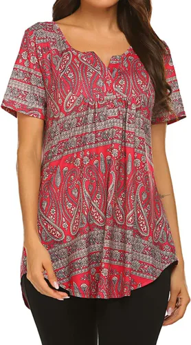 Vista 3 de Blusón plisado de manga corta con estampado floral y cuello Henley en V para mujer, con vuelo.