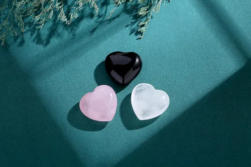 Vista 8 de QINJIEJIE 3 piezas de cristales de corazón grandes de 1.2 pulgadas, cuarzo rosa, obsidiana, transparente, natural, curativo, piedras