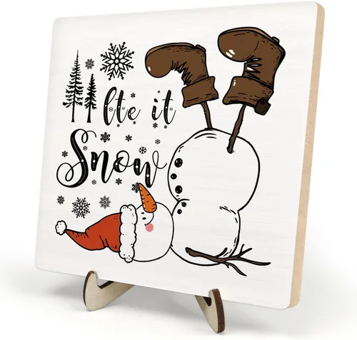 Vista 8 de Letrero de placa de madera con texto en inglés "Merry Christmas", letrero de madera para decoración de escritorio de oficina en casa, 5.9 x 5.9