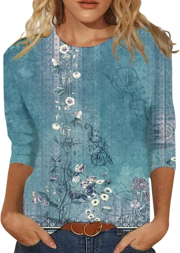 Vista 9 de Camisetas de manga 34 para mujer, estilo casual, estampado floral, cuello redondo, básicas, para llevar con leggings