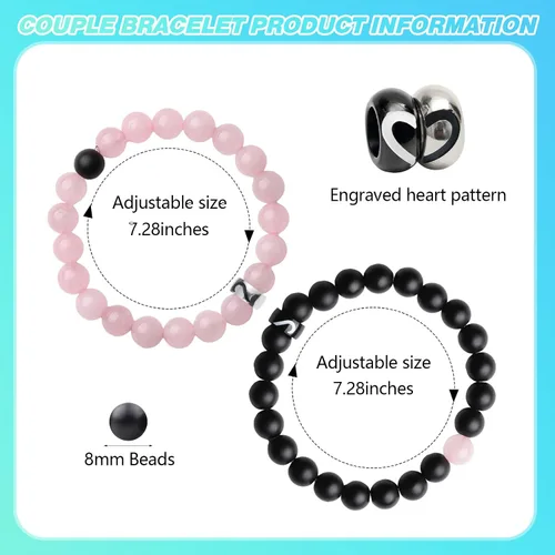 Vista 94 de 2 pulseras magnéticas para parejas, piedra natural negra mate, cristal para votos de amor eterno, juego de pulseras de cuentas de piedra de energía