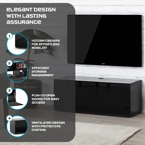 Vista 5 de SONOROUS ST-110 Soporte de TV premium con vidrio negro y cubierta de madera negra, centro de entretenimiento moderno y consola multimedia para sala