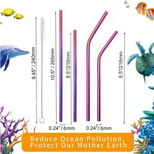 Vista 2 de VEHHE Juego de 8 pajitas reutilizables de acero inoxidable multicolor, cepillo de limpieza para 20 onzas (arco iris de 8.5 pulgadas + 10.5 pulgadas)