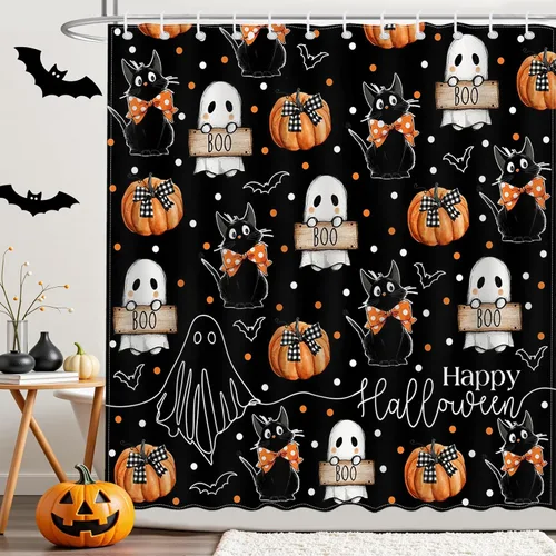 Vista 7 de Mocsicka Cortina de ducha de Halloween con dibujos animados, fantasma, lindo gato negro, calabaza, cortina de ducha de baño, cortina de ducha