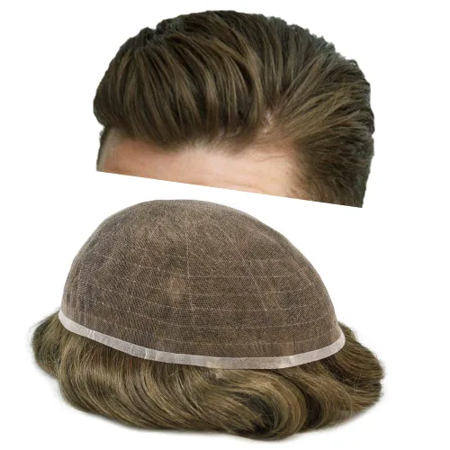 Vista 54 de Completo suizo encaje tupé para hombres pieza de pelo real sistema de reemplazo de cabello humano para hombres Toupee Hairpieces para hombres 7x9