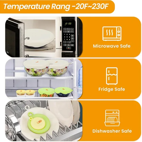 Vista 4 de Juego de 6 tapas elásticas de silicona para almacenamiento de alimentos, fundas de silicona para tazones, 3 tamaños diferentes, reutilizables