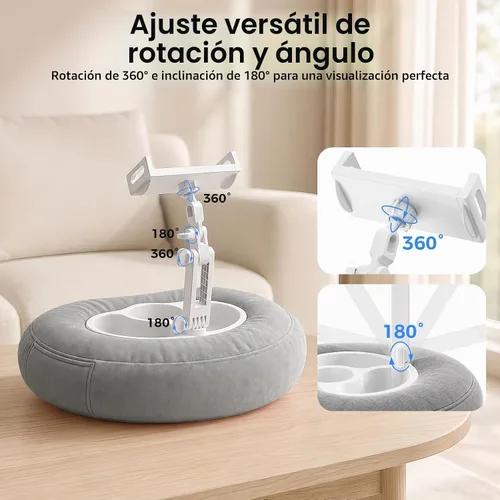 Vista 4 de Soporte de almohada para tableta para cama y sofá, soporte manos libres para Kindle y iPad con brazo ajustable de 360°, almohada de regazo suave