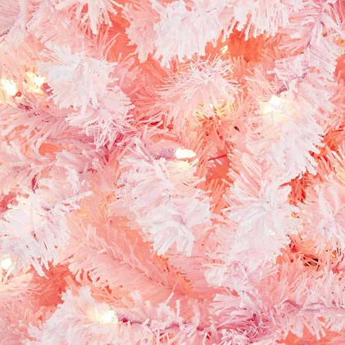 Vista 4 de Yaheetech Árbol de Navidad artificial preiluminado de 9 pies con luces incandescentes blancas cálidas, árbol de Navidad completo con nieve Rosa