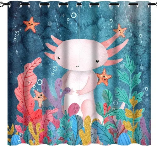Vista 24 de Cortinas abstractas de ajolote con diseño de galaxia colorida y peces, con aislamiento térmico, oscurecimiento de habitación completa, para sala